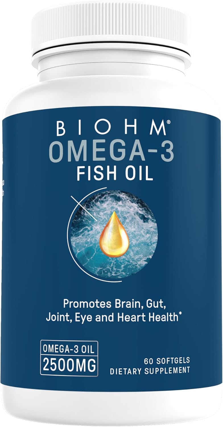 High Potency BIOHM Omega-3 Fish Oil Supplement for Heart, Brain, Gut & Joint Health - 60 Softgels, 2500mg Omega 3 Fatty Acids with EPA & DHA - Sustainably Sourced Omega 3 Supplements for Eye & Liver Health