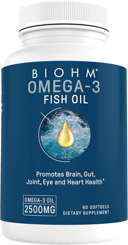 High Potency BIOHM Omega-3 Fish Oil Supplement for Heart, Brain, Gut & Joint Health - 60 Softgels, 2500mg Omega 3 Fatty Acids with EPA & DHA - Sustainably Sourced Omega 3 Supplements for Eye & Liver Health