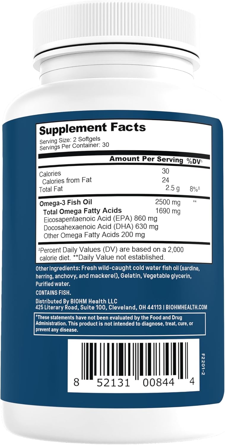 High Potency BIOHM Omega-3 Fish Oil Supplement for Heart, Brain, Gut & Joint Health - 60 Softgels, 2500mg Omega 3 Fatty Acids with EPA & DHA - Sustainably Sourced Omega 3 Supplements for Eye & Liver Health