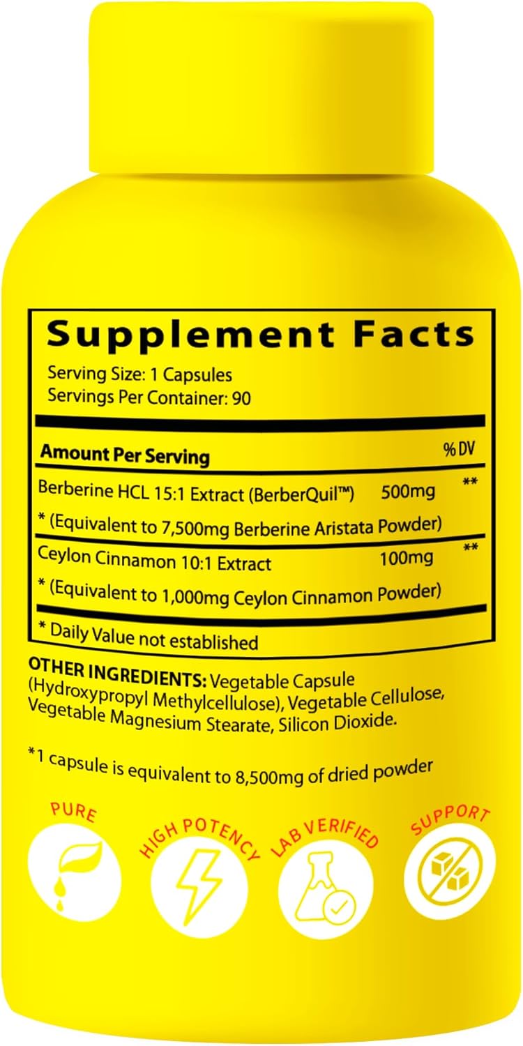 High Potency BioImmune Berberine Supplement with Ceylon Cinnamon for Maximum Absorption - 8,500mg Capsule