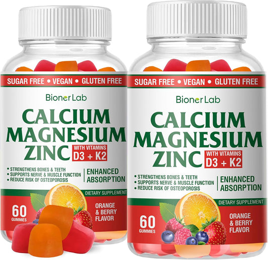 High Potency BionerLab Calcium Magnesium Zinc Gummies with Vitamin D3 & K2 for Enhanced Absorption - Orange and Berry Flavor
