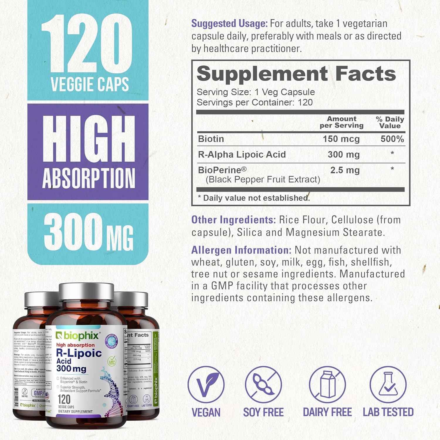 High Potency Biophix R-Lipoic Acid with Biotin for Antioxidant Support - 120 Veggie Capsules, Gluten-Free, Non-GMO - Boosts Energy Levels