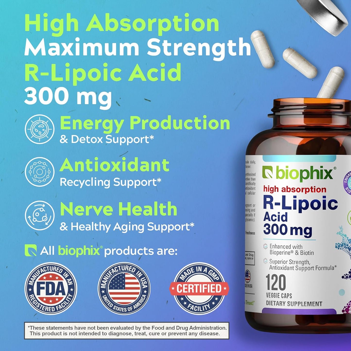 High Potency Biophix R-Lipoic Acid with Biotin for Antioxidant Support - 120 Veggie Capsules, Gluten-Free, Non-GMO - Boosts Energy Levels