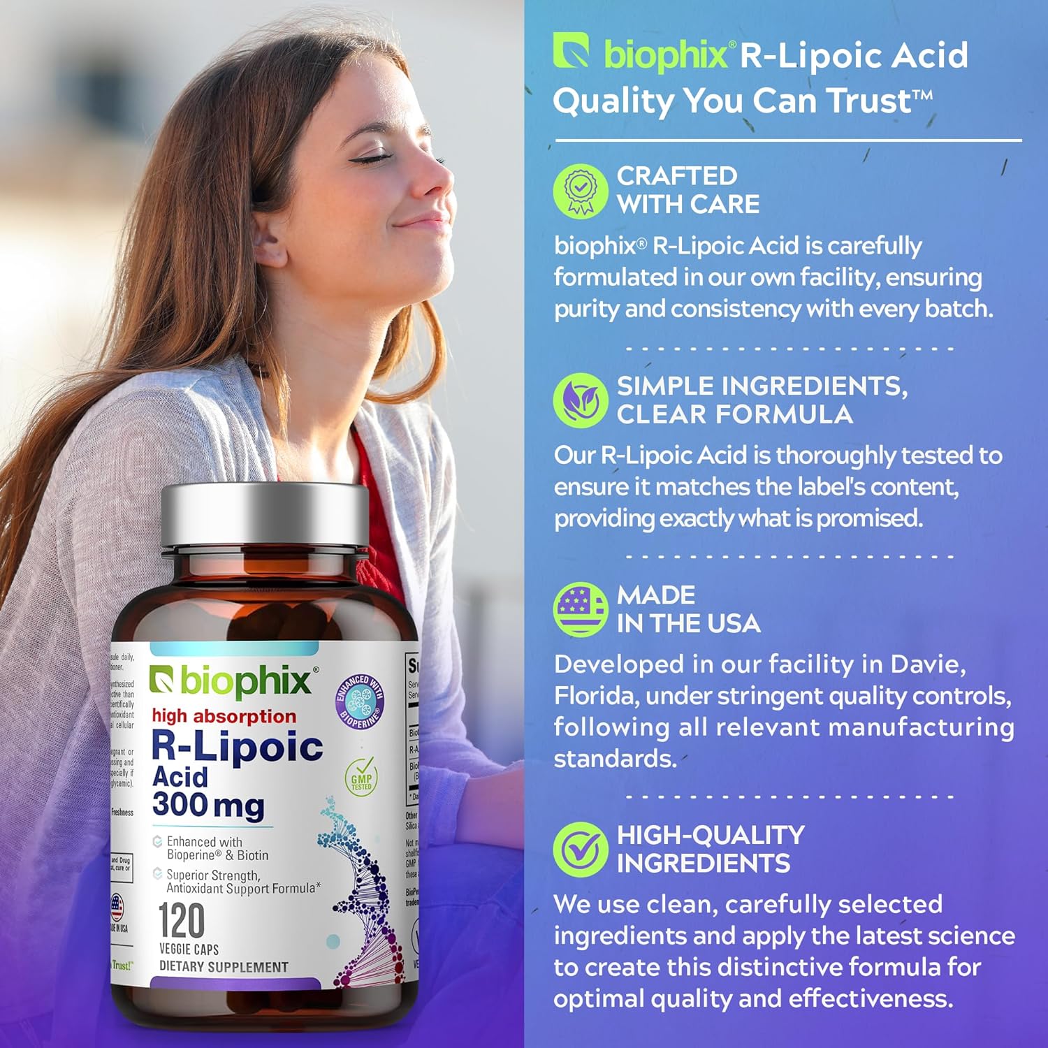 High Potency Biophix R-Lipoic Acid with Biotin for Antioxidant Support - 120 Veggie Capsules, Gluten-Free, Non-GMO - Boosts Energy Levels