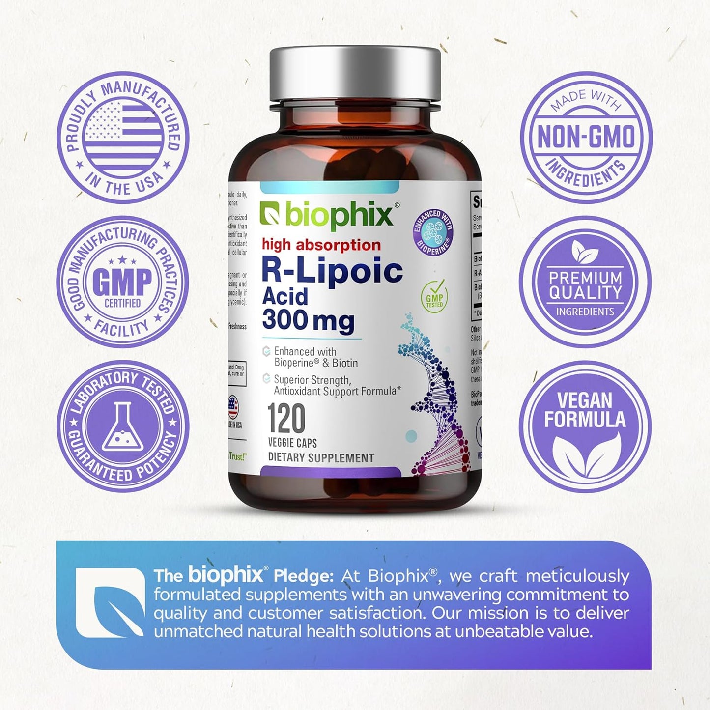 High Potency Biophix R-Lipoic Acid with Biotin for Antioxidant Support - 120 Veggie Capsules, Gluten-Free, Non-GMO - Boosts Energy Levels