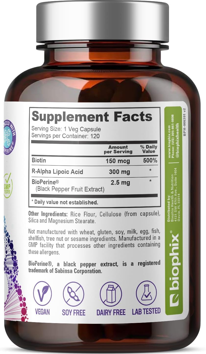 High Potency Biophix R-Lipoic Acid with Biotin for Antioxidant Support - 120 Veggie Capsules, Gluten-Free, Non-GMO - Boosts Energy Levels