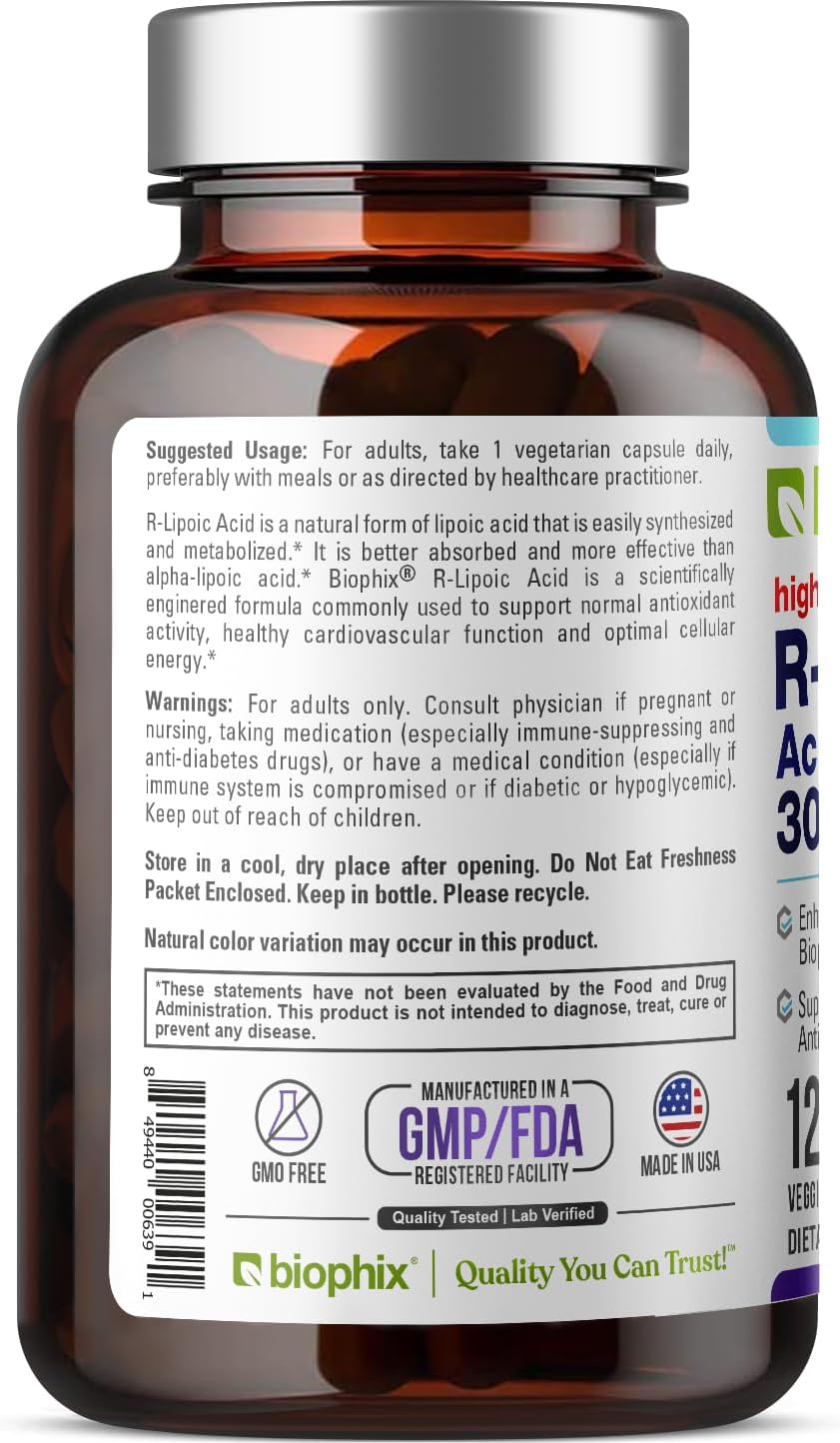 High Potency Biophix R-Lipoic Acid with Biotin for Antioxidant Support - 120 Veggie Capsules, Gluten-Free, Non-GMO - Boosts Energy Levels