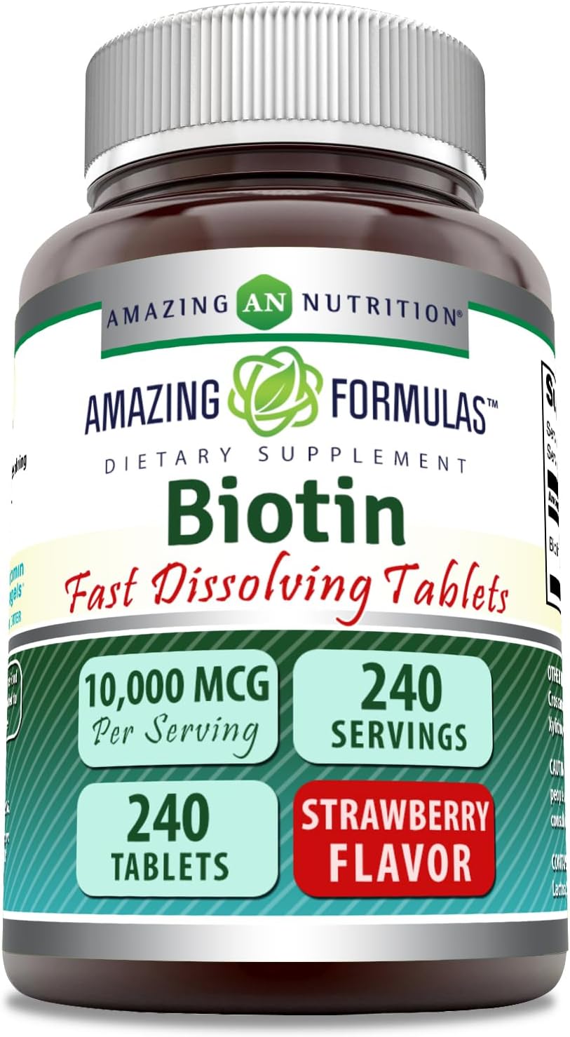 High Potency Biotin 10,000 mcg Fast Dissolve Tablets - Non-GMO, Gluten Free, Made in USA - Strawberry Flavor - 240 Count