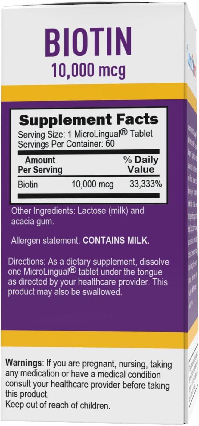 High Potency Biotin 10000 mcg MicroLingual Tablets - 60 Count - Promotes Healthy Hair, Skin, and Nails - Energy Metabolism Support - Non-GMO