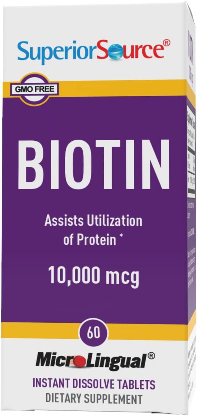 High Potency Biotin 10000 mcg MicroLingual Tablets - 60 Count - Promotes Healthy Hair, Skin, and Nails - Energy Metabolism Support - Non-GMO