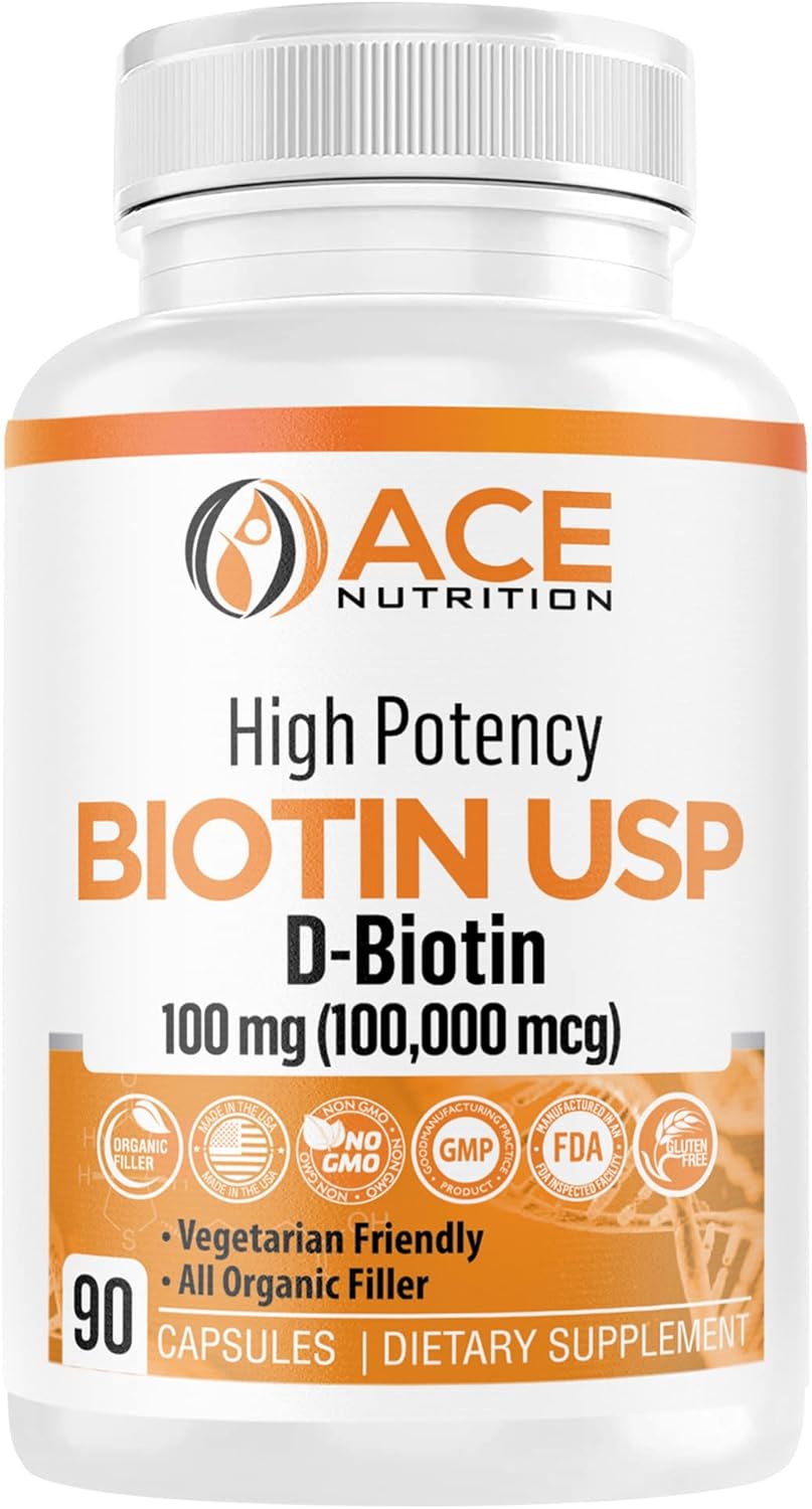 High Potency Biotin Capsules 100,000mcg for Hair, Skin & Myelin Health - Organic Rice Flour, Vegetarian, Made in USA (100mg/90 Capsules)