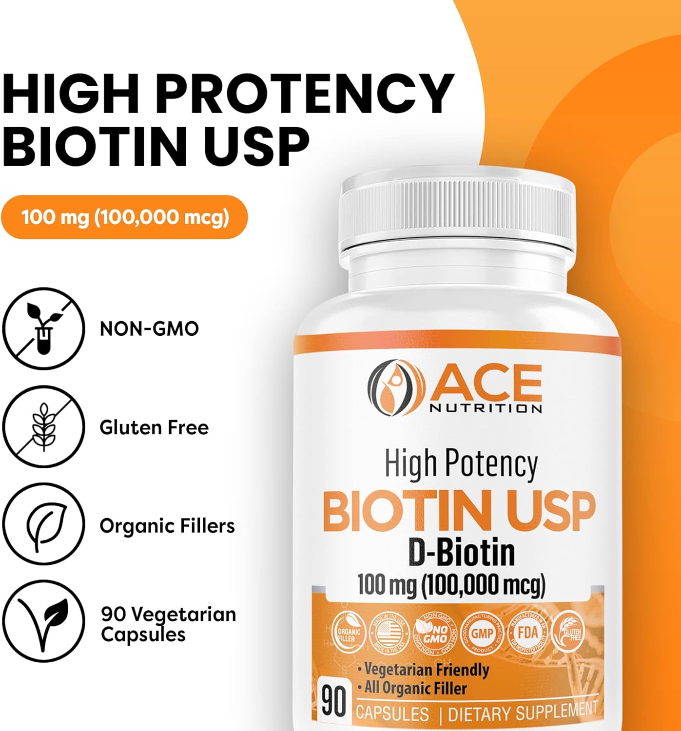 High Potency Biotin Capsules 100,000mcg for Hair, Skin & Myelin Health - Organic Rice Flour, Vegetarian, Made in USA (100mg/90 Capsules)