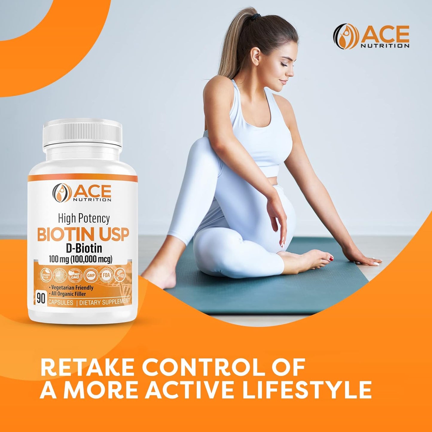 High Potency Biotin Capsules 100,000mcg for Hair, Skin & Myelin Health - Organic Rice Flour, Vegetarian, Made in USA (100mg/90 Capsules)