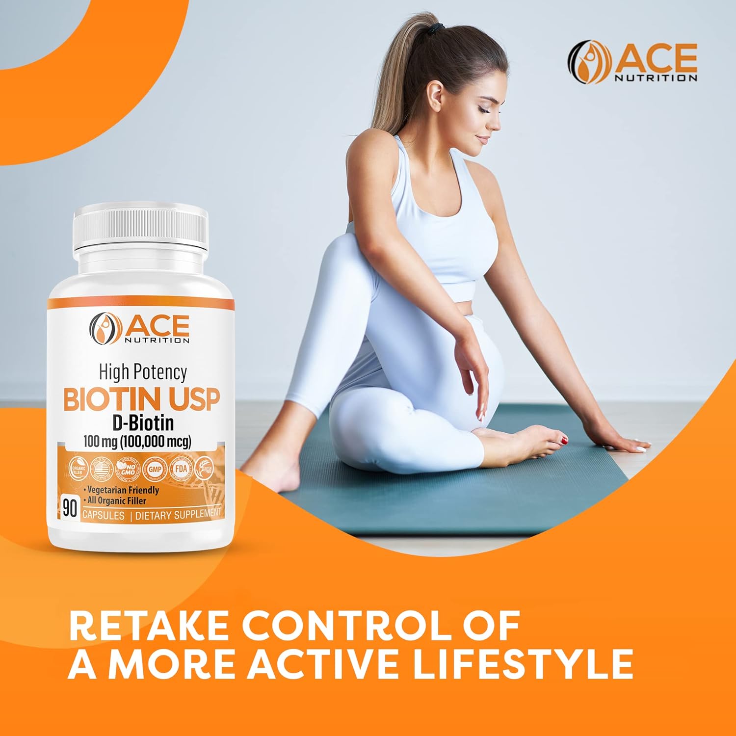 High Potency Biotin Capsules 100,000mcg for Hair, Skin & Myelin Health - Organic Rice Flour, Vegetarian, Made in USA (100mg/90 Capsules)