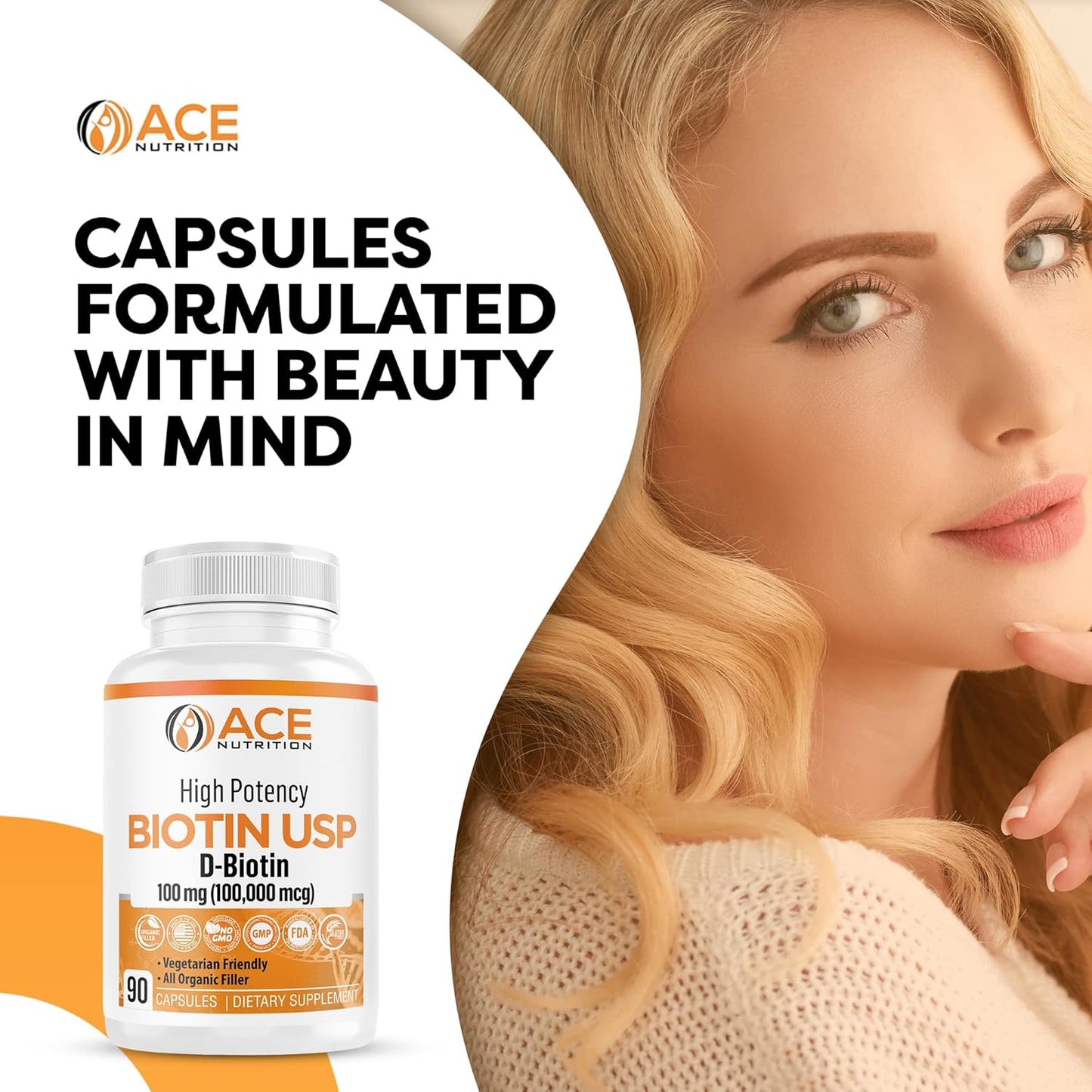 High Potency Biotin Capsules 100,000mcg for Hair, Skin & Myelin Health - Organic Rice Flour, Vegetarian, Made in USA (100mg/90 Capsules)