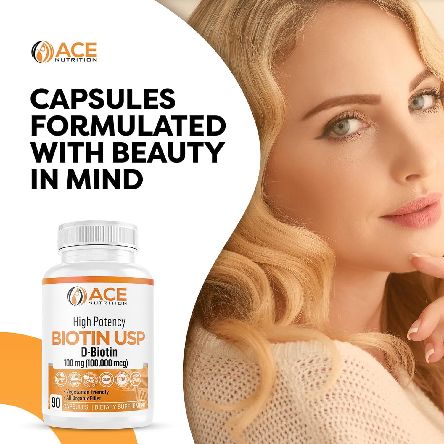 High Potency Biotin Capsules 100,000mcg for Hair, Skin & Myelin Health - Organic Rice Flour, Vegetarian, Made in USA (100mg/90 Capsules)