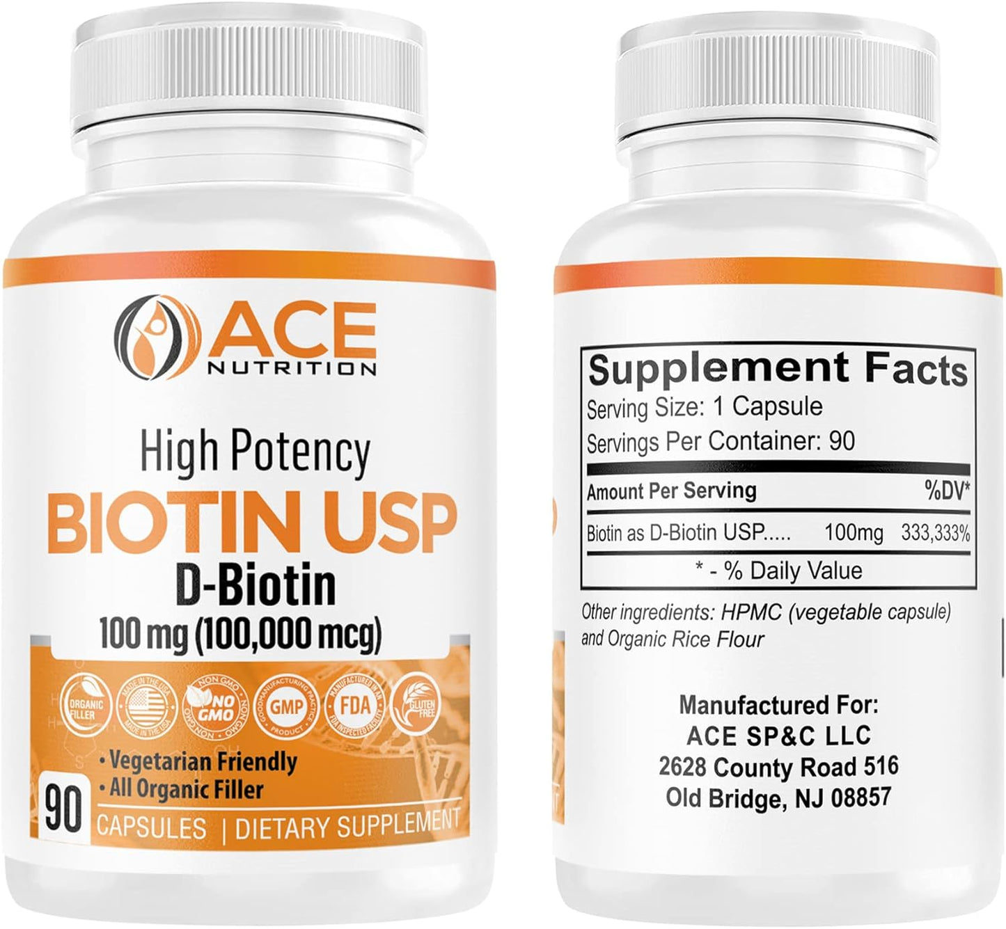 High Potency Biotin Capsules 100,000mcg for Hair, Skin & Myelin Health - Organic Rice Flour, Vegetarian, Made in USA (100mg/90 Capsules)