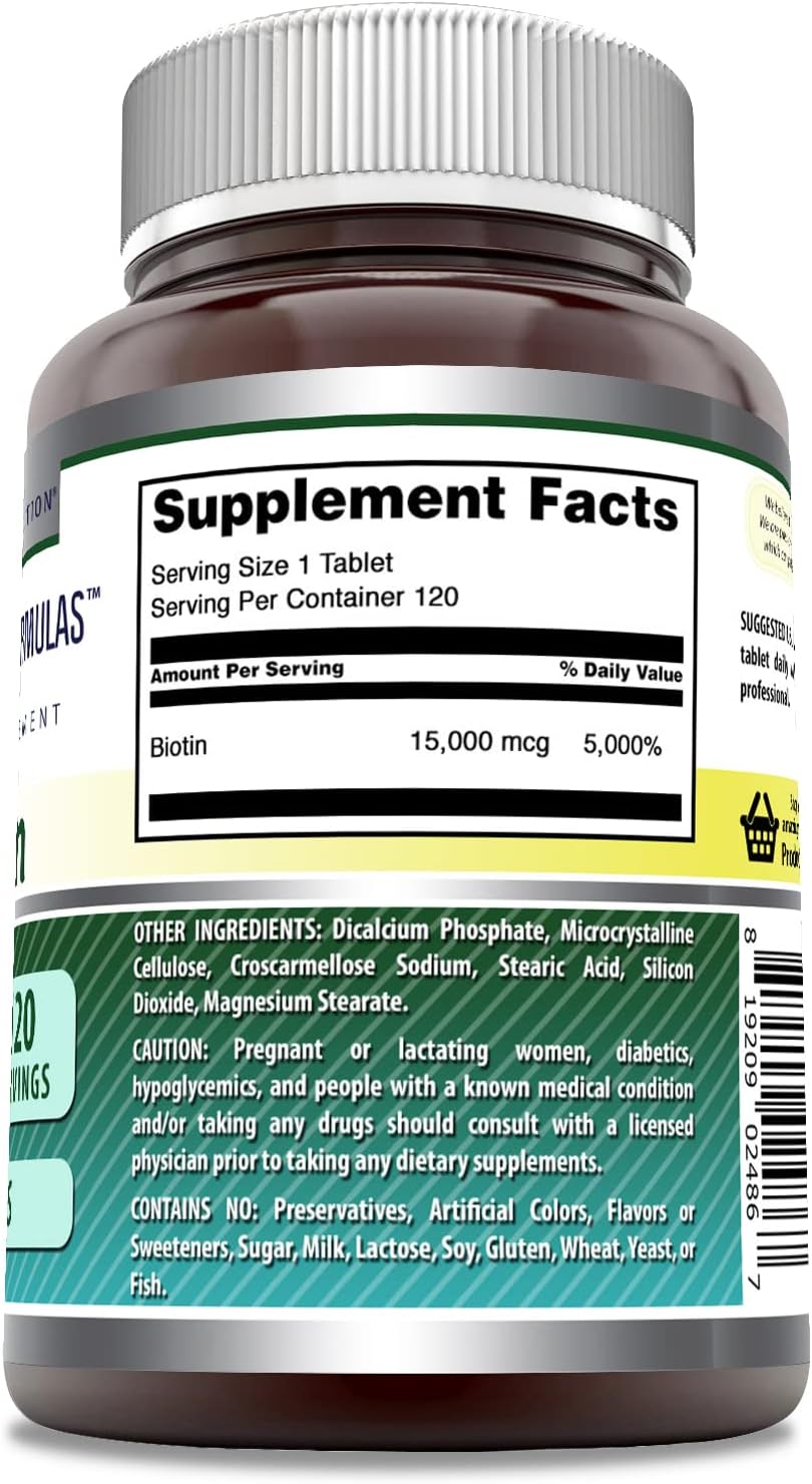 High Potency Biotin Supplement - 15000 Mcg per Serving - 120 Tablets - Non-GMO & Gluten Free - Made in USA by Amazing Nutrition