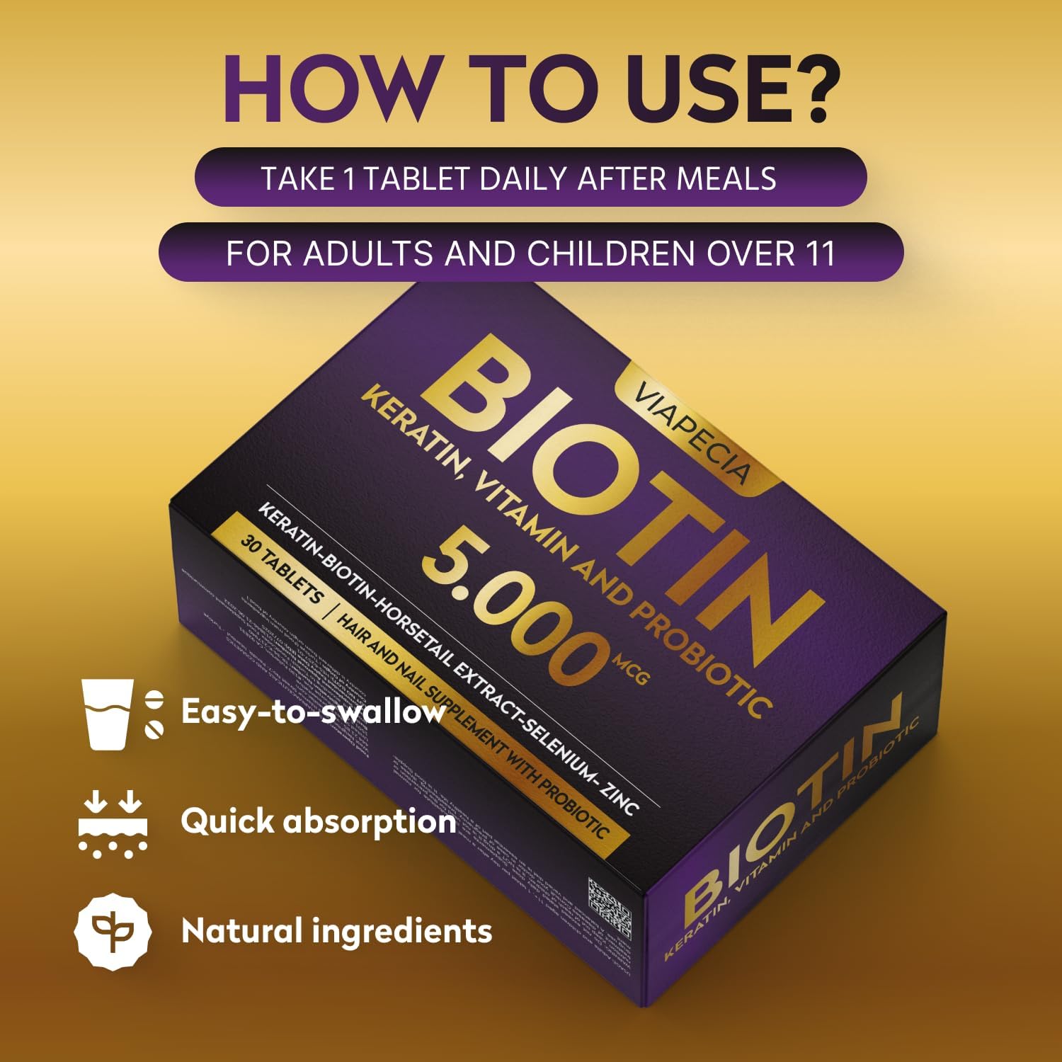 High Potency Biotin Supplement for Hair Growth - Supports Keratin Production and Tissue Regeneration - 30 Capsules