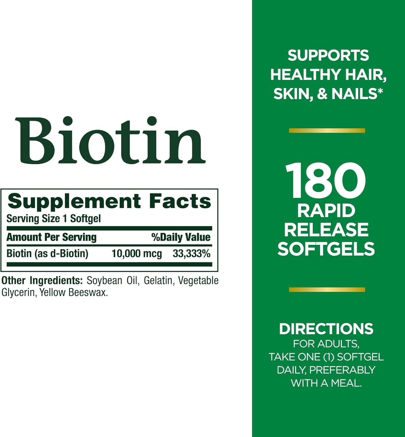 High Potency Biotin Supplement for Hair, Skin, and Nails - 10,000 mcg, 180 Softgels