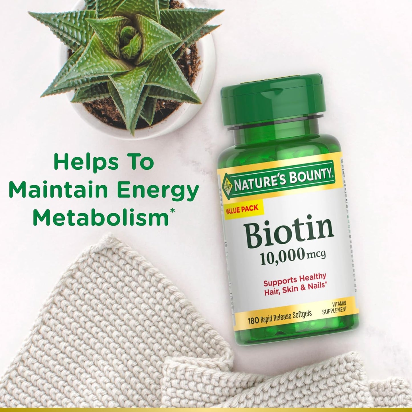 High Potency Biotin Supplement for Hair, Skin, and Nails - 10,000 mcg, 180 Softgels