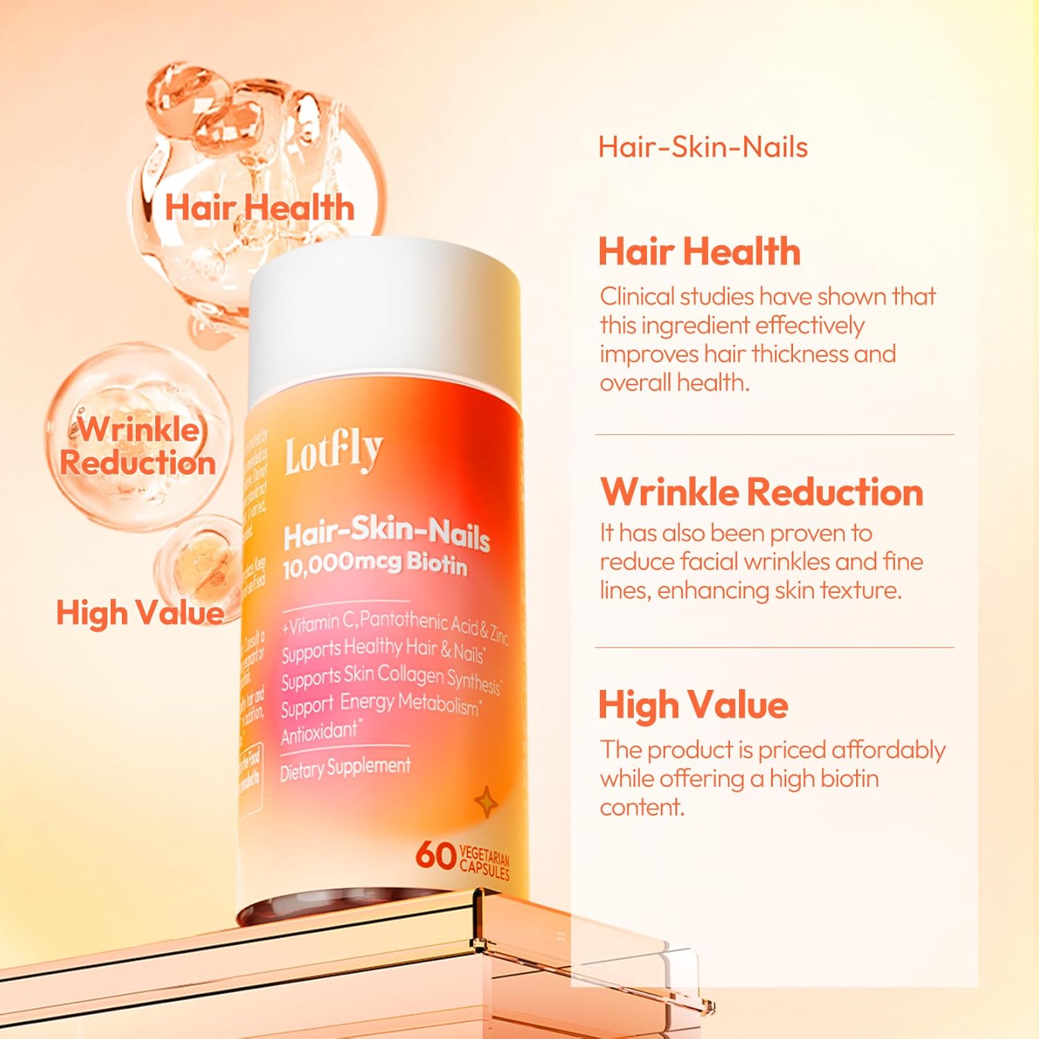 High Potency Biotin Supplement with Zinc, Vitamin C & Calcium Pantothenate for Hair Growth, Nails & Skin - 60 Vegan Capsules (60-Day Supply)