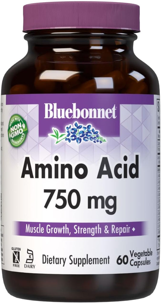 High Potency Bluebonnet Nutrition Amino Acid Supplement for Muscle Health - 750mg, Soy-Free, Gluten-Free, Non-GMO - 60 Capsules