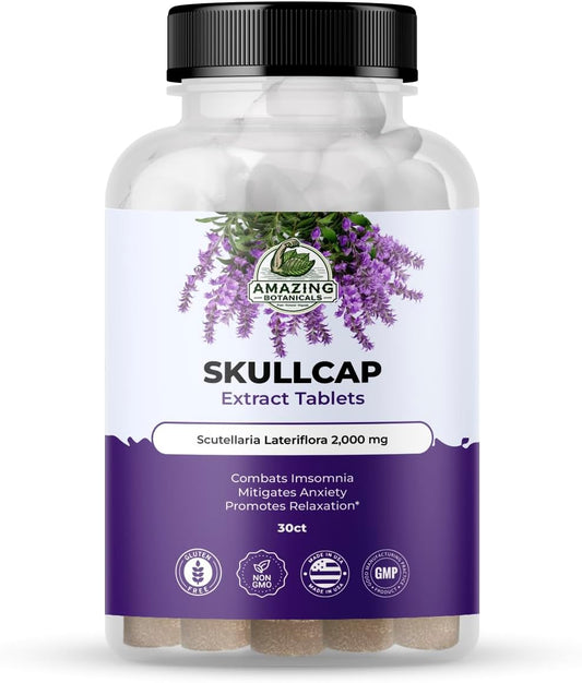 High Potency Botanical Skullcap 10X Extract Tablets 2,000 mg - Herbal Relaxation & Wellness Supplement - 30 Tablets