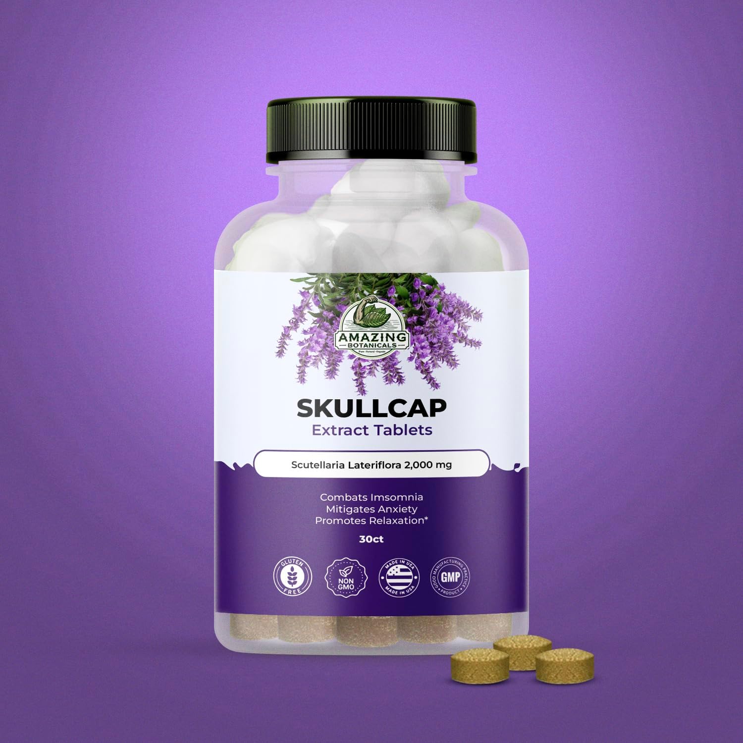 High Potency Botanical Skullcap 10X Extract Tablets 2,000 mg - Herbal Relaxation & Wellness Supplement - 30 Tablets