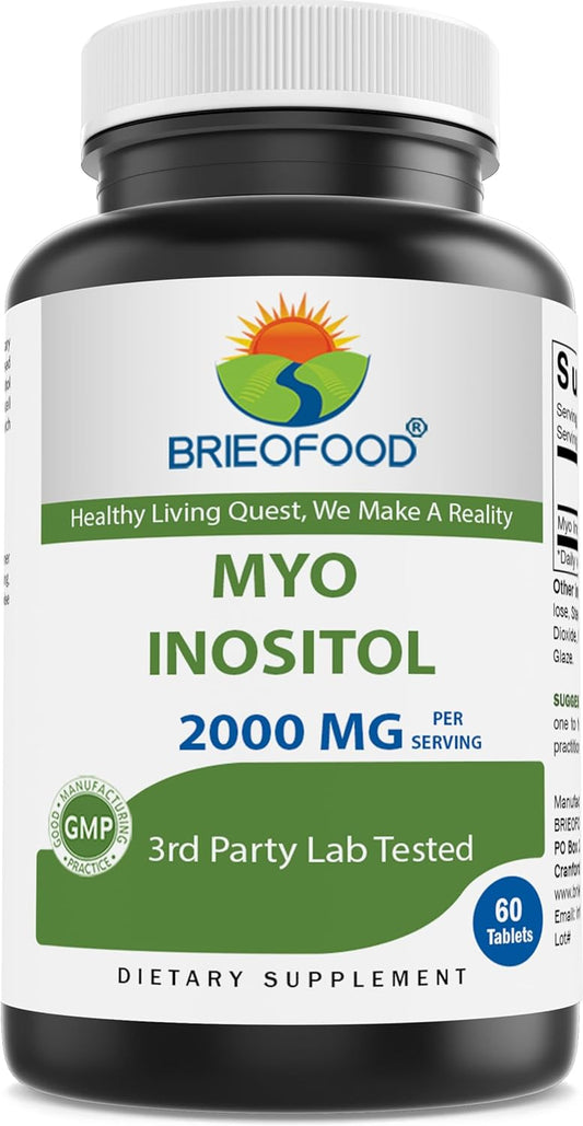 High Potency Brieofood Myo Inositol Tablets - 2000mg - 60 Count - Certified Lab Tested