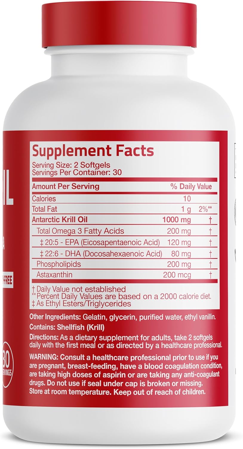 High Potency Bronson Antarctic Krill Oil Softgels with Omega-3s, Astaxanthin, and Phospholipids - 60 Count