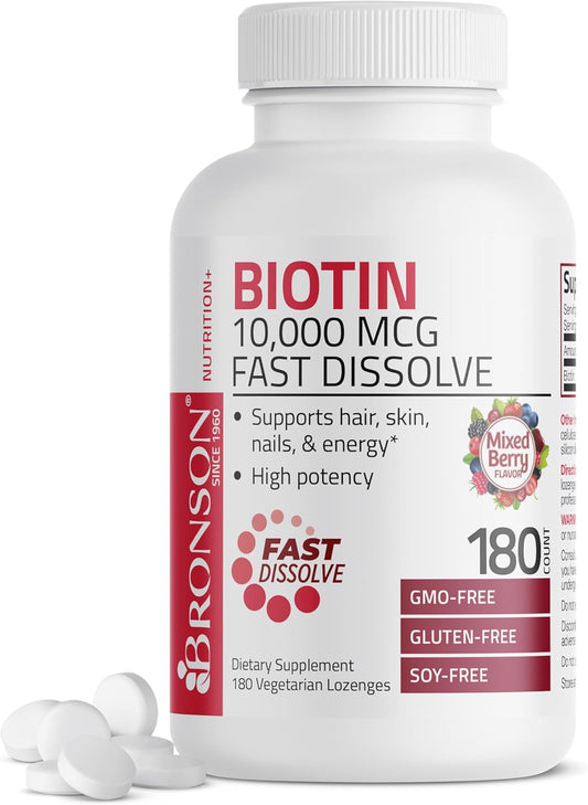 High Potency Bronson Biotin 10,000 MCG Lozenges - Fast Dissolve Mixed Berry Flavor - Supports Hair, Skin & Nails - Non-GMO, 180 Vegetarian Lozenges