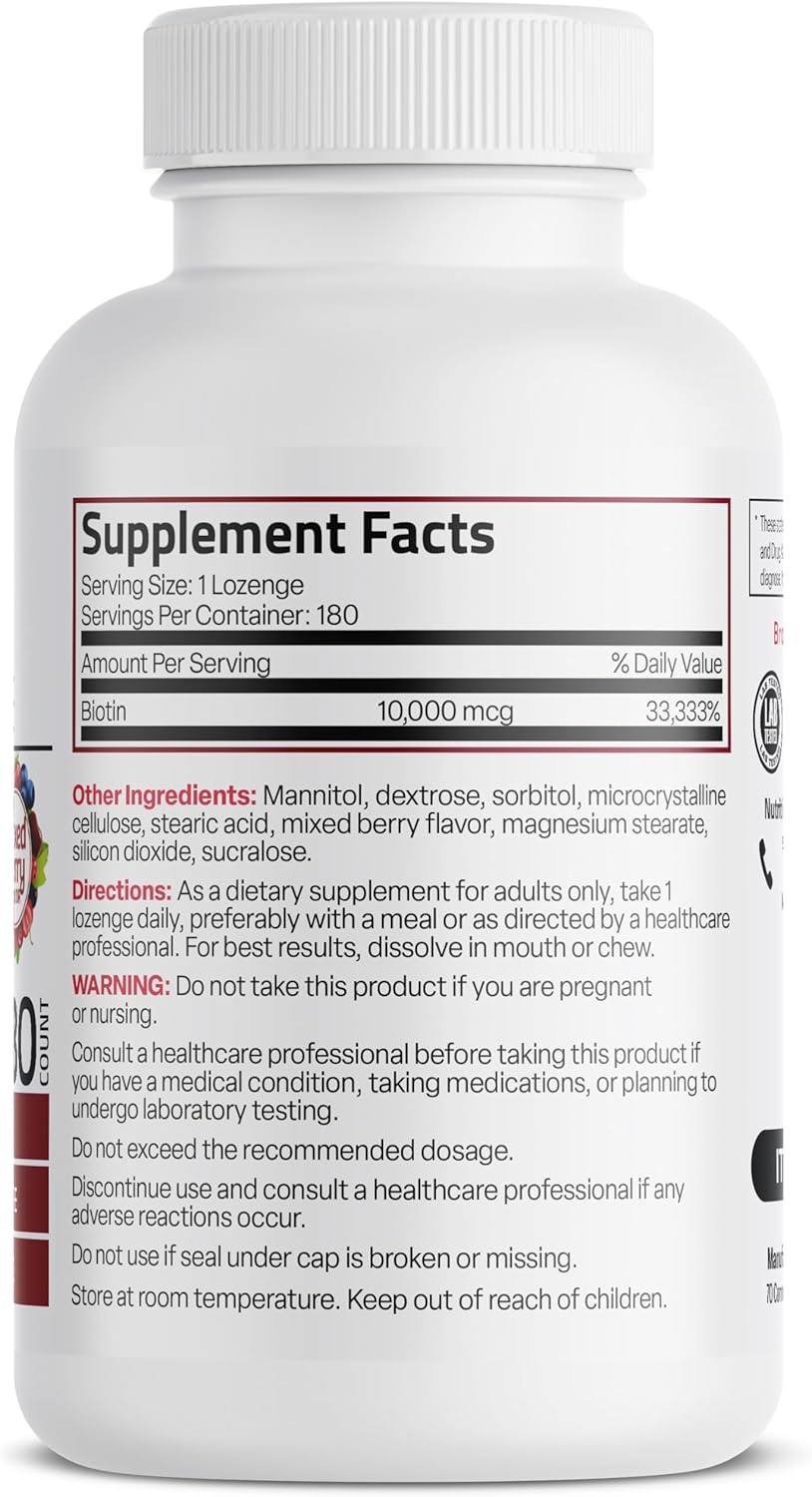 High Potency Bronson Biotin 10,000 MCG Lozenges - Fast Dissolve Mixed Berry Flavor - Supports Hair, Skin & Nails - Non-GMO, 180 Vegetarian Lozenges
