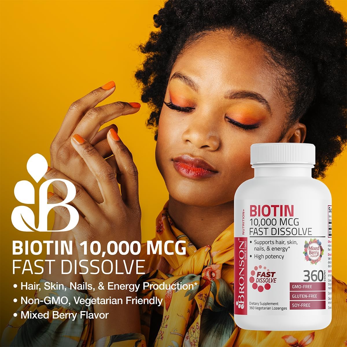 High Potency Bronson Biotin 10,000 MCG Lozenges - Fast Dissolve Mixed Berry Flavor - Supports Hair, Skin & Nails - Non-GMO, 180 Vegetarian Lozenges