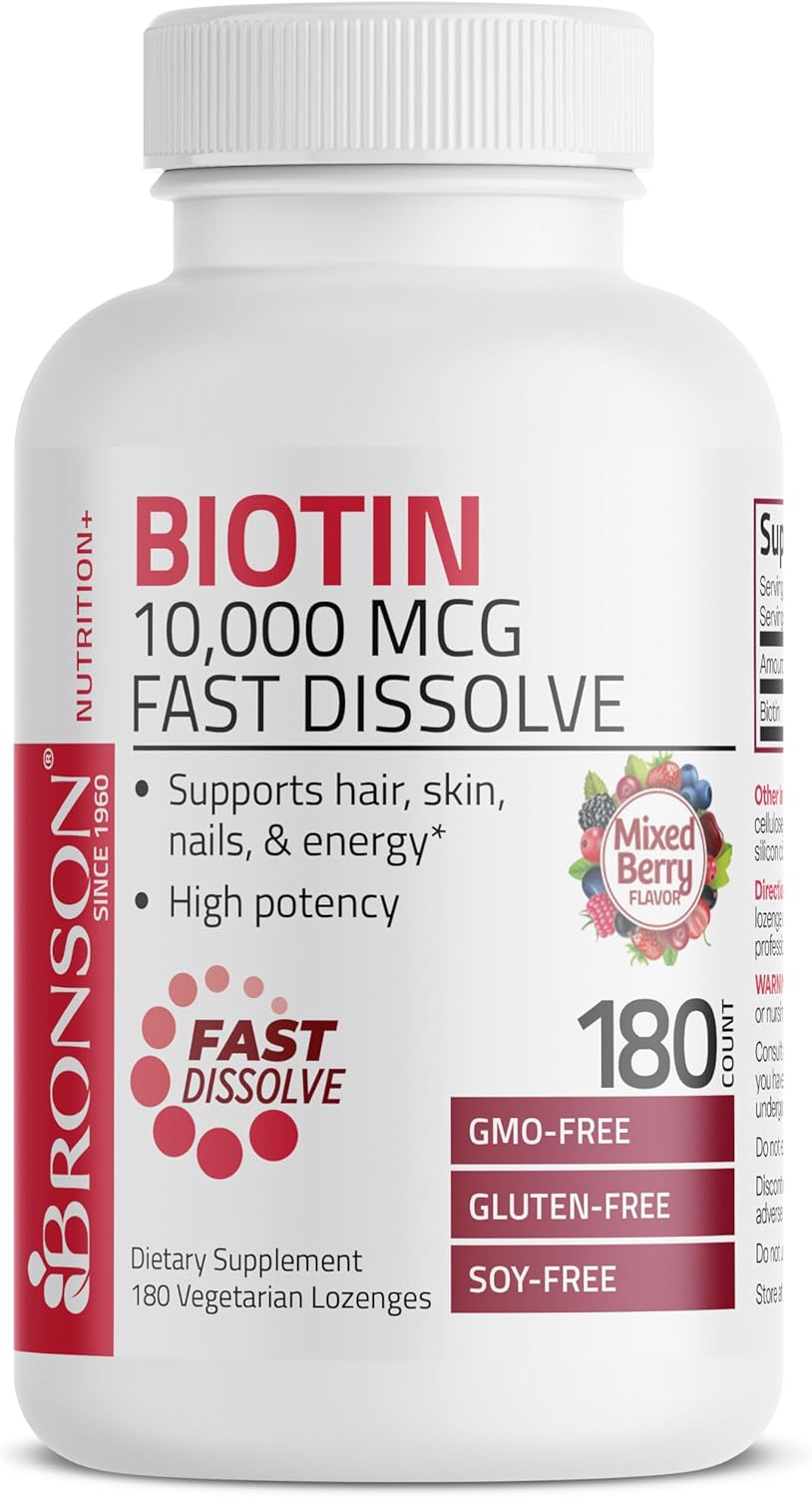 High Potency Bronson Biotin 10,000 MCG Lozenges - Fast Dissolve Mixed Berry Flavor - Supports Hair, Skin & Nails - Non-GMO, 180 Vegetarian Lozenges