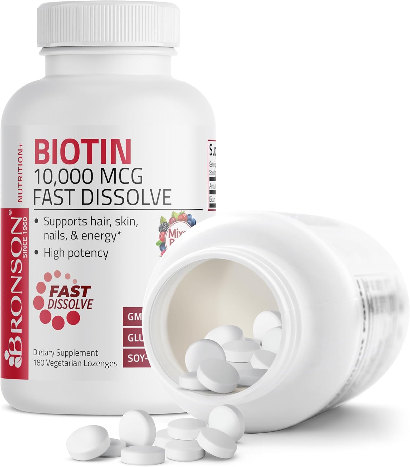 High Potency Bronson Biotin 10,000 MCG Lozenges - Fast Dissolve Mixed Berry Flavor - Supports Hair, Skin & Nails - Non-GMO, 180 Vegetarian Lozenges