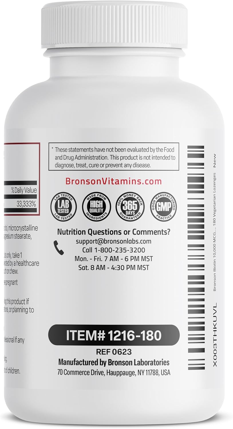 High Potency Bronson Biotin 10,000 MCG Lozenges - Fast Dissolve Mixed Berry Flavor - Supports Hair, Skin & Nails - Non-GMO, 180 Vegetarian Lozenges