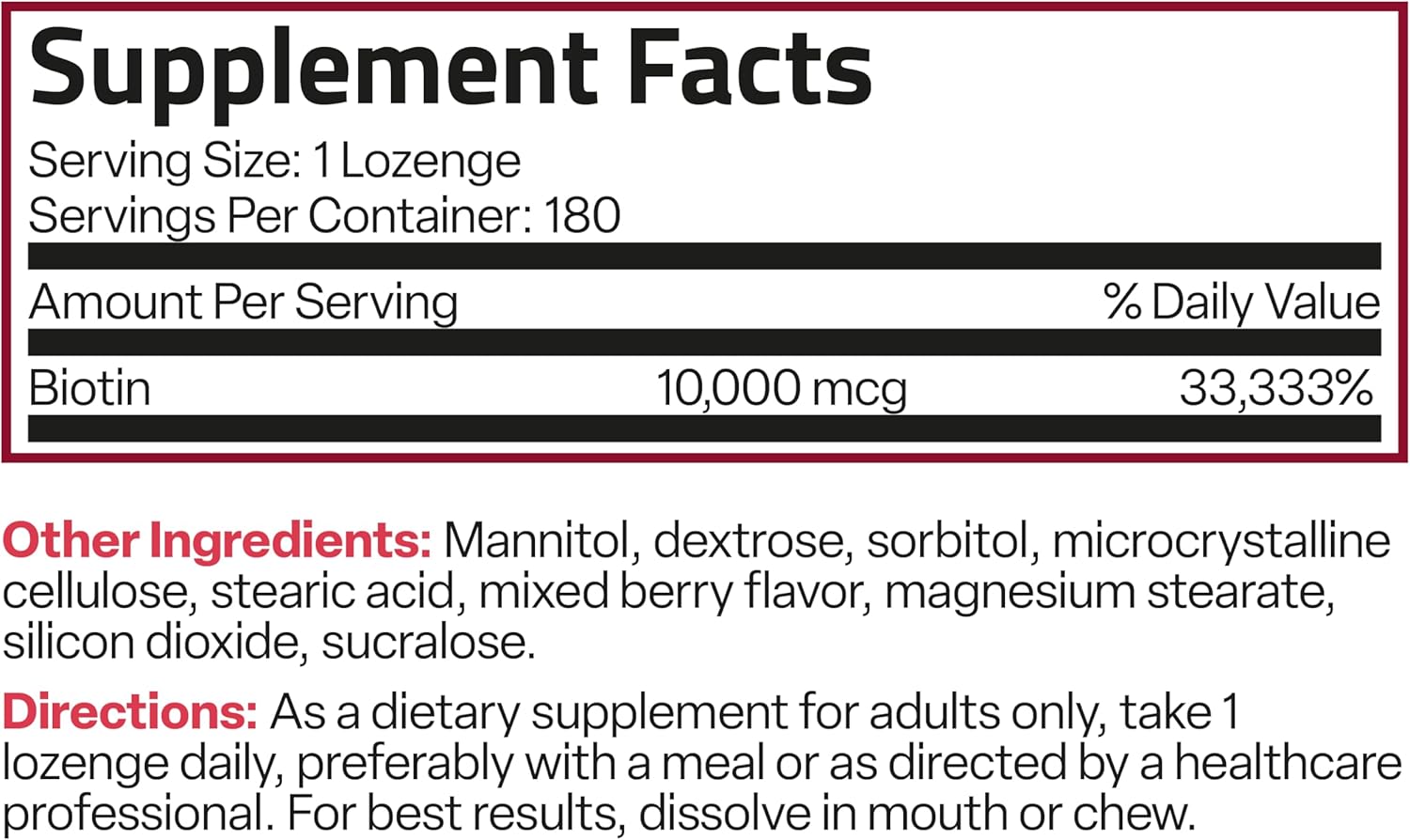 High Potency Bronson Biotin 10,000 MCG Lozenges - Fast Dissolve Mixed Berry Flavor - Supports Hair, Skin & Nails - Non-GMO, 180 Vegetarian Lozenges
