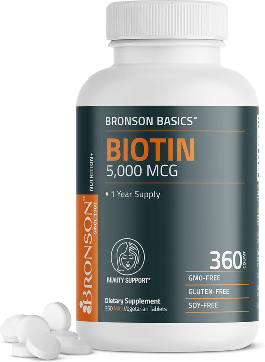 High Potency Bronson Biotin 5,000 MCG for Healthy Hair, Skin, Nails & Energy - Non-GMO, 360 Vegetarian Tablets