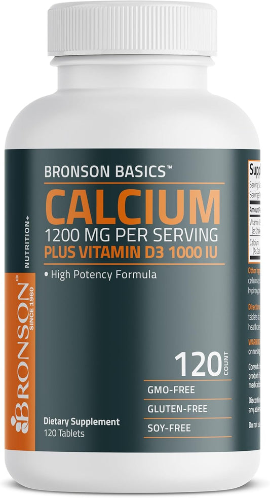 High Potency Bronson Calcium 1200mg with Vitamin D3 1000 IU, Non-GMO, 120 Tablets for Bone Health