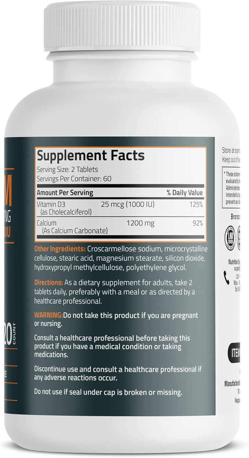High Potency Bronson Calcium 1200mg with Vitamin D3 1000 IU, Non-GMO, 120 Tablets for Bone Health