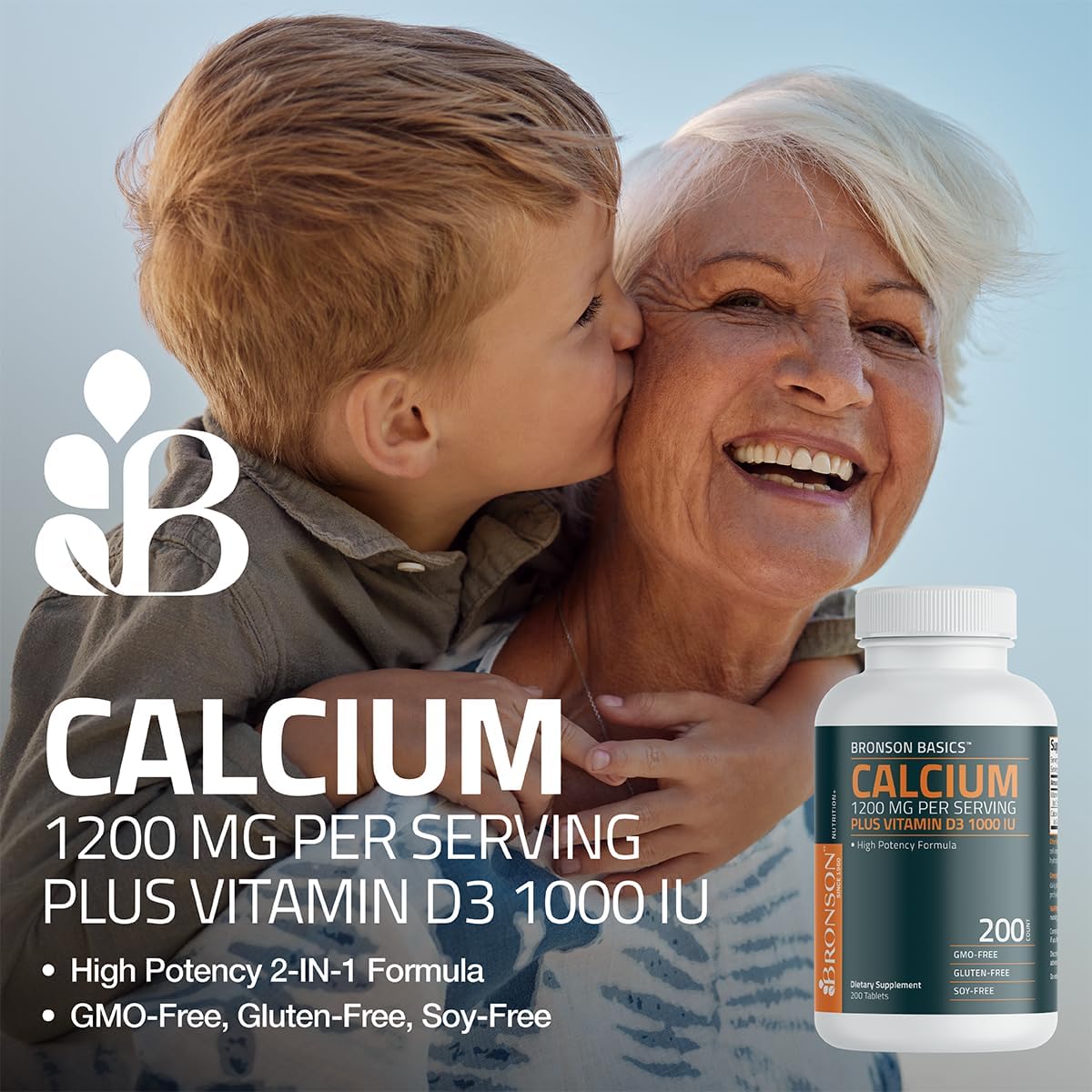 High Potency Bronson Calcium 1200mg with Vitamin D3 1000 IU, Non-GMO, 120 Tablets for Bone Health