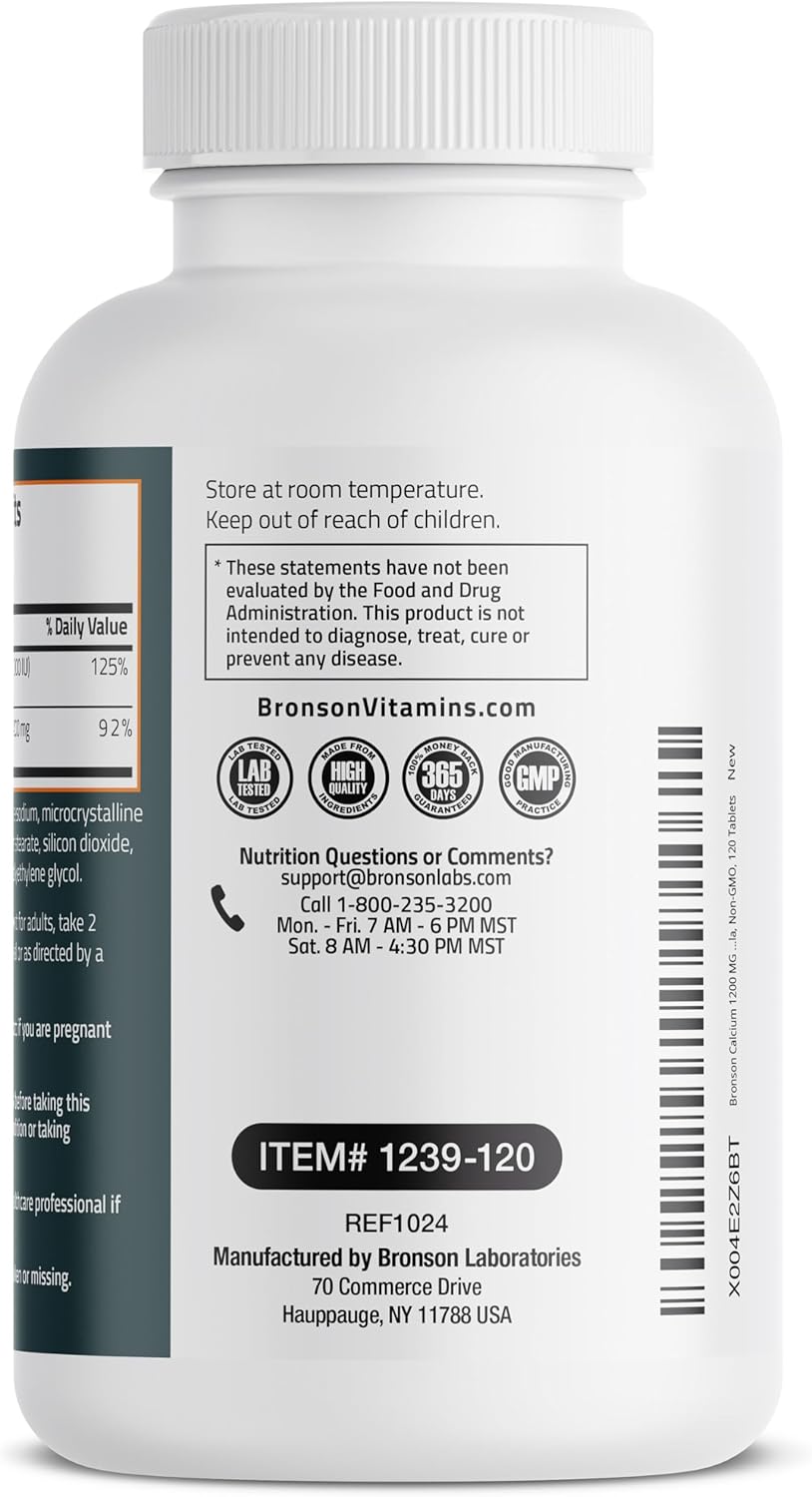 High Potency Bronson Calcium 1200mg with Vitamin D3 1000 IU, Non-GMO, 120 Tablets for Bone Health