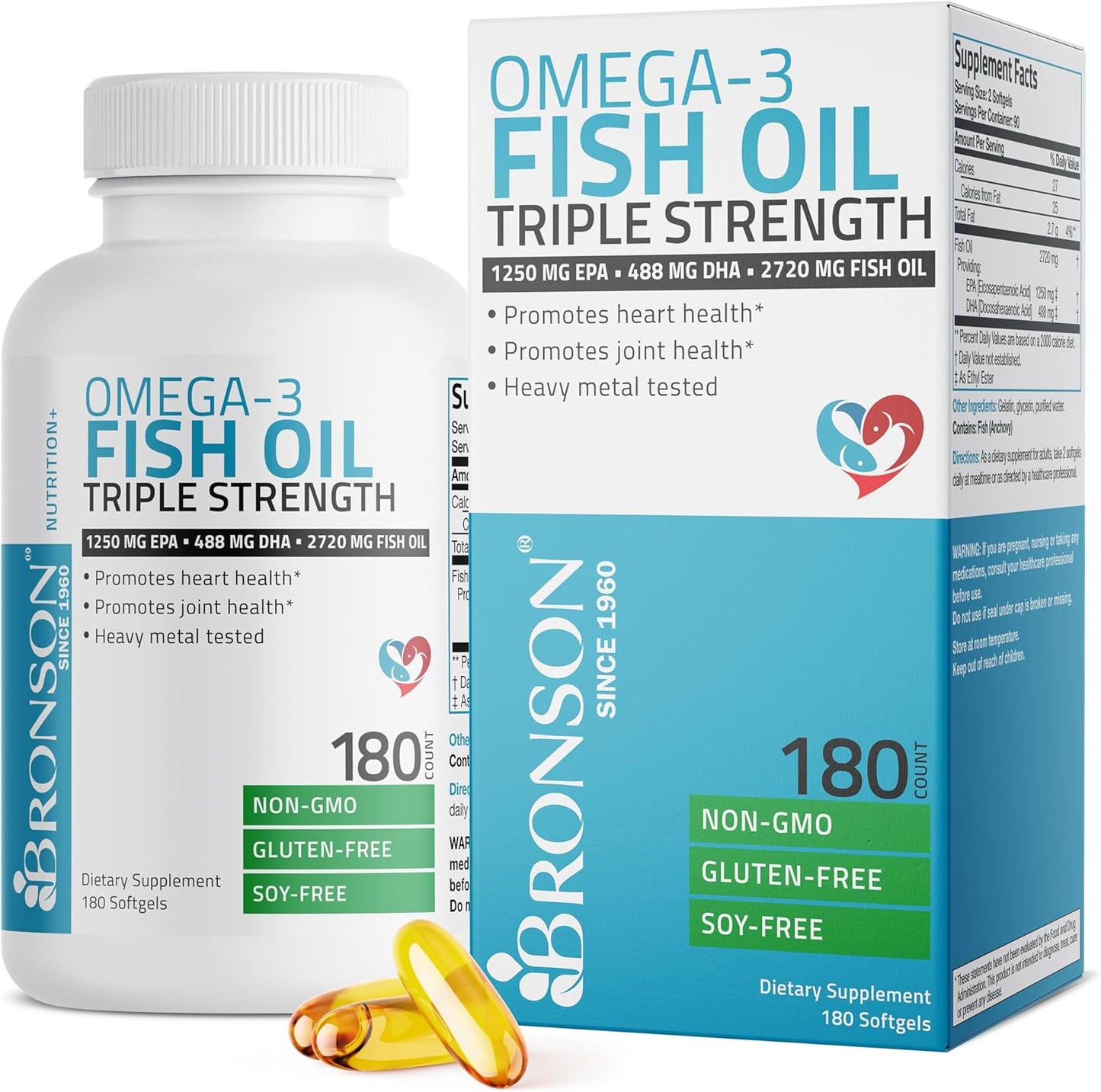 High Potency Bronson Omega-3 Fish Oil Supplement, Triple Strength 2720 mg, EPA 1250 mg DHA 488 mg, Non-GMO, Heavy Metal Tested, 180 Softgels
