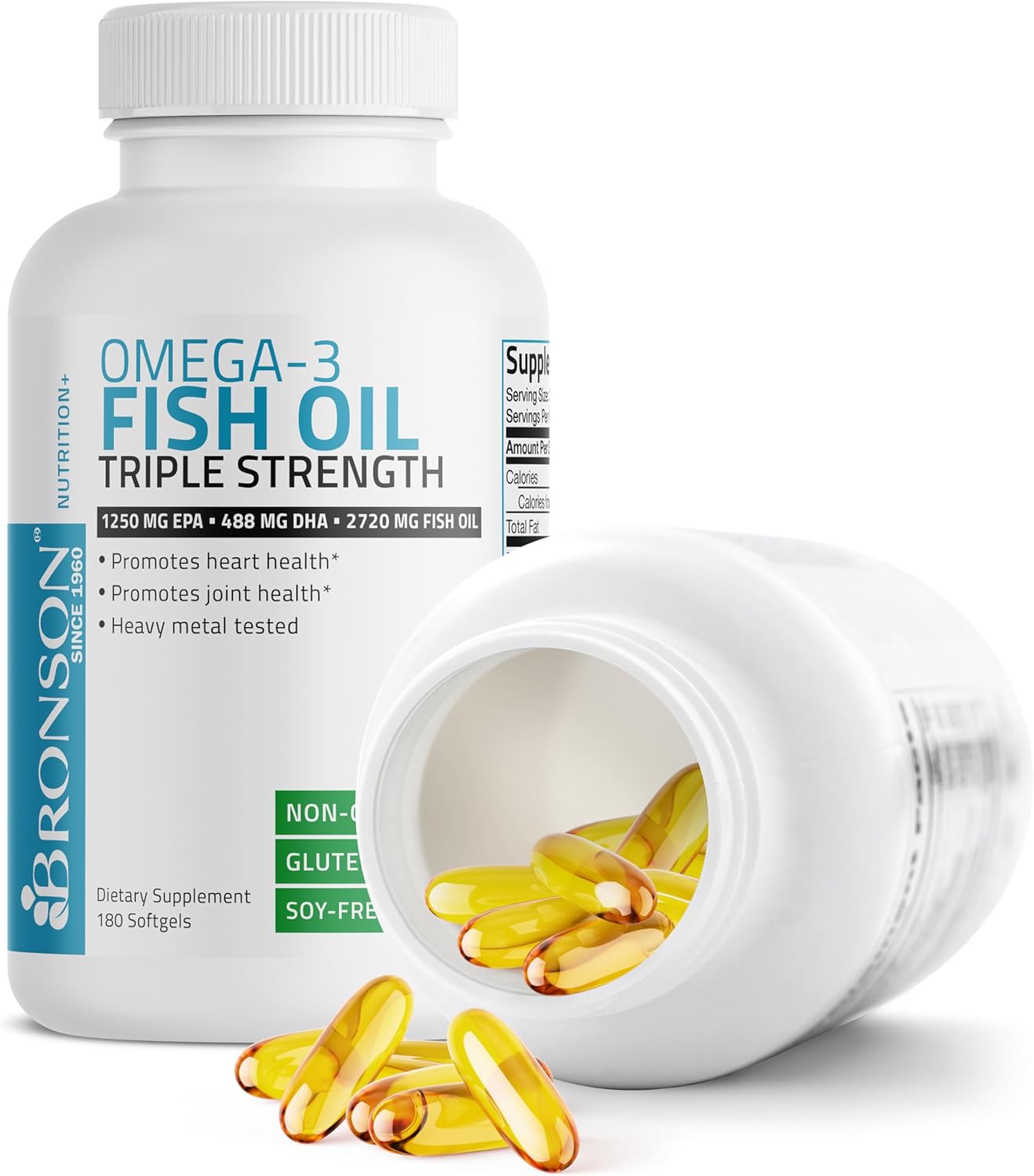High Potency Bronson Omega-3 Fish Oil Supplement, Triple Strength 2720 mg, EPA 1250 mg DHA 488 mg, Non-GMO, Heavy Metal Tested, 180 Softgels