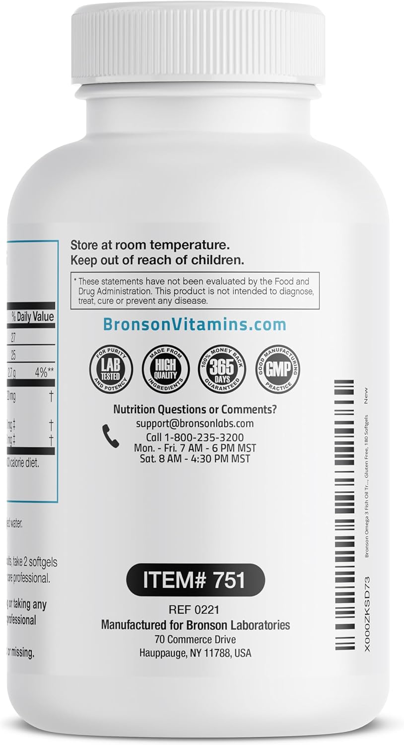High Potency Bronson Omega-3 Fish Oil Supplement, Triple Strength 2720 mg, EPA 1250 mg DHA 488 mg, Non-GMO, Heavy Metal Tested, 180 Softgels