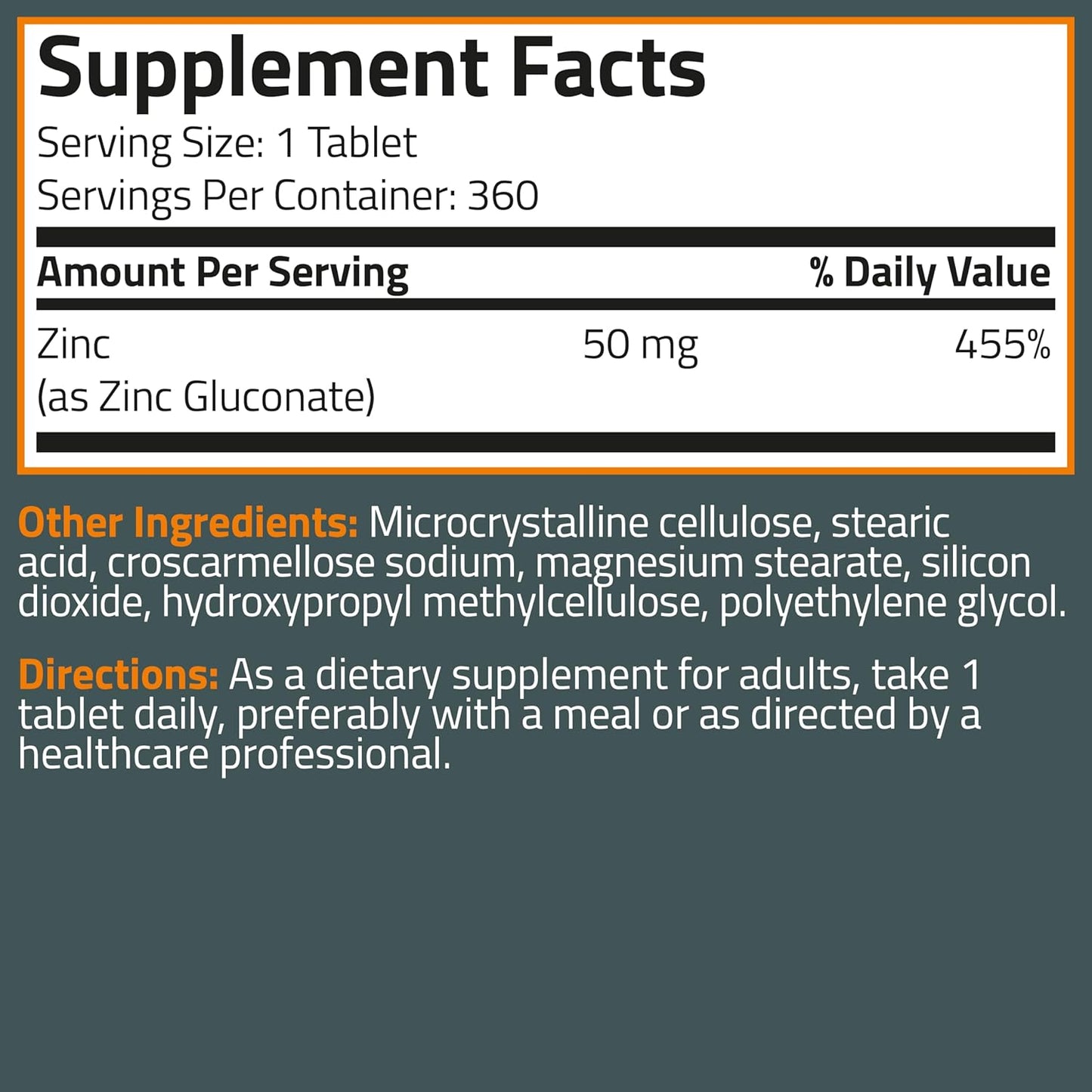 High Potency Bronson Zinc 50 MG: Immune, Antioxidant & Skin Health Support - 1 Year Supply, Non-GMO, 360 Veg Tablets