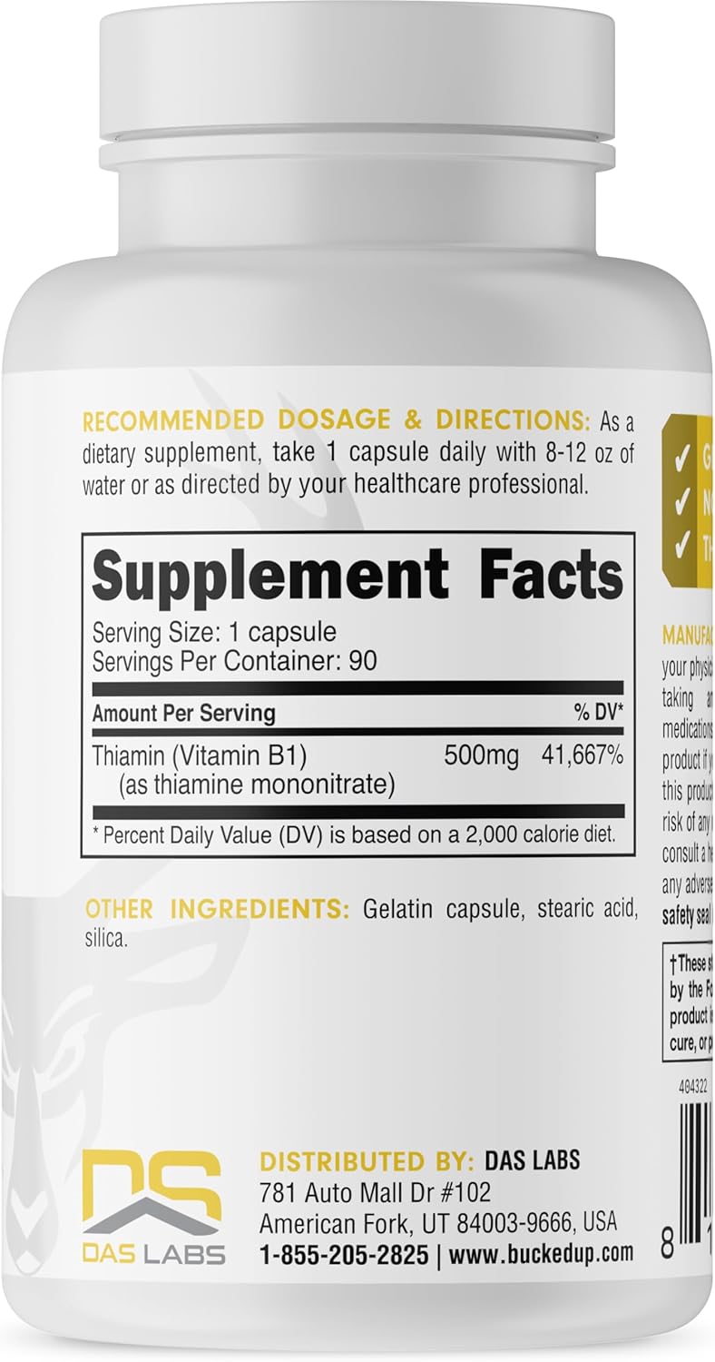High Potency Bucked Up Vitamin B1 500mg Capsules, Essential Nutrient Supplement (90 Servings)