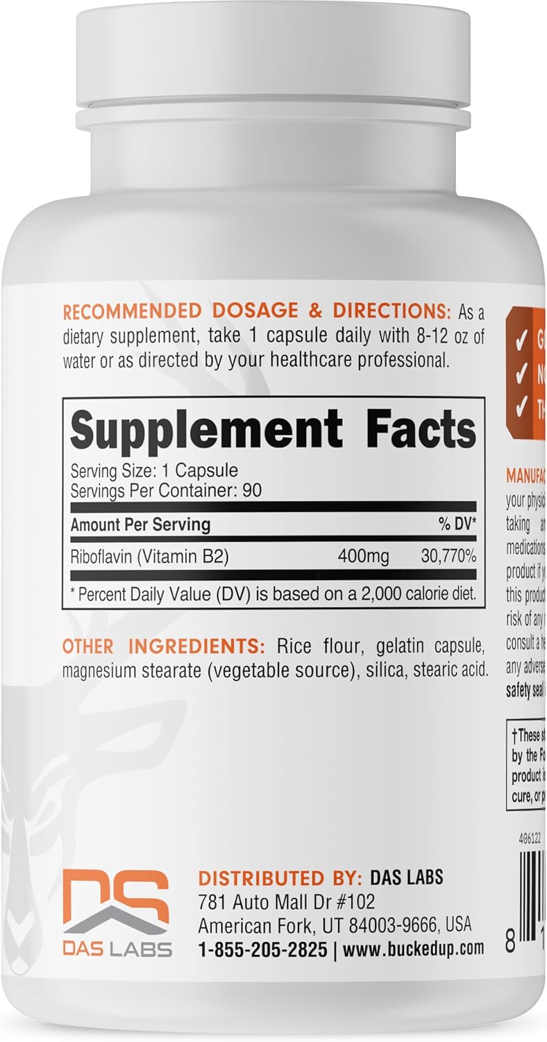High Potency Bucked Up Vitamin B2 400mg Capsules for Energy & Immune Support (90 Servings)