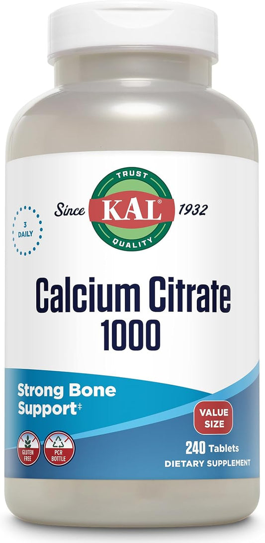 High Potency Calcium Citrate Supplements for Bone, Teeth & Muscle Health, Gluten Free, 240 Tablets - KAL Calcium Citrate 1000mg, 80 Servings